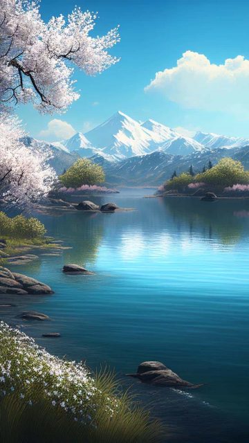 Lakes Mountains Cherry Blossom Trees iPhone Wallpaper HD