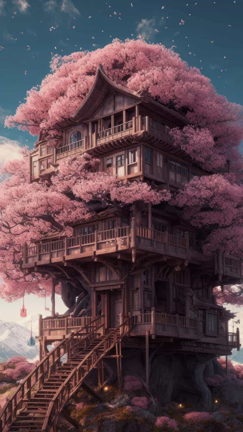 Cherry Blossom Tree House iPhone Wallpaper HD