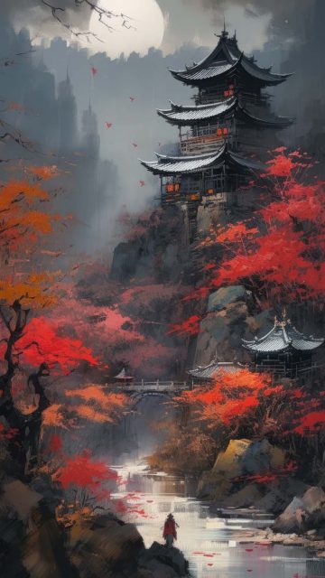 Japanease Temple Painting iPhone Wallpaper HD