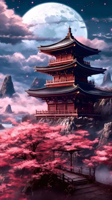 Japan Temple Moon iPhone Wallpaper HD