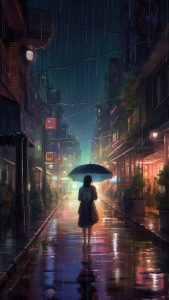 Rainy Streets Umbrella Girl iPhone Wallpaper HD