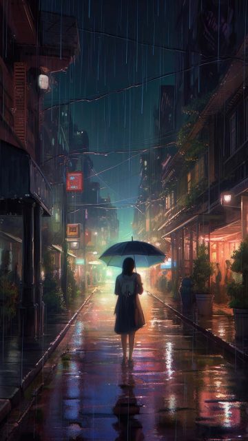 Rainy Streets Umbrella Girl iPhone Wallpaper HD