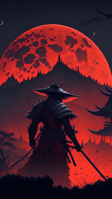 Red Moon Samurai iPhone Wallpaper 4K