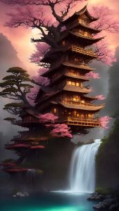 Sakura Tree House iPhone Wallpaper 4K