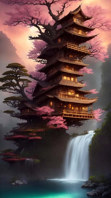 Sakura Tree House iPhone Wallpaper 4K