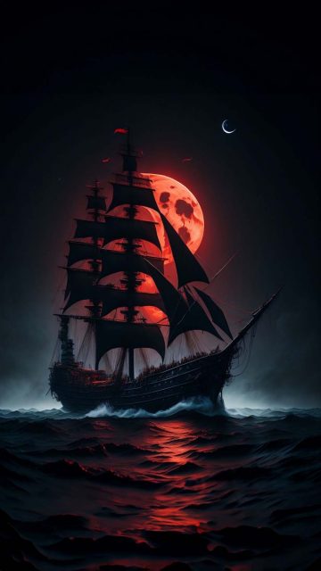 Blood Moon Ship Ocean iPhone Wallpaper 4K