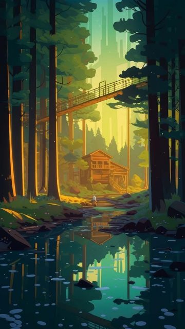 River Reflection Forest Home iPhone Wallpaper 4K