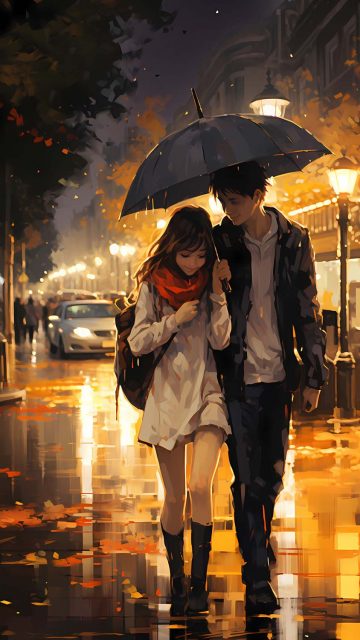 Couple in Rain iPhone Wallpaper 4K