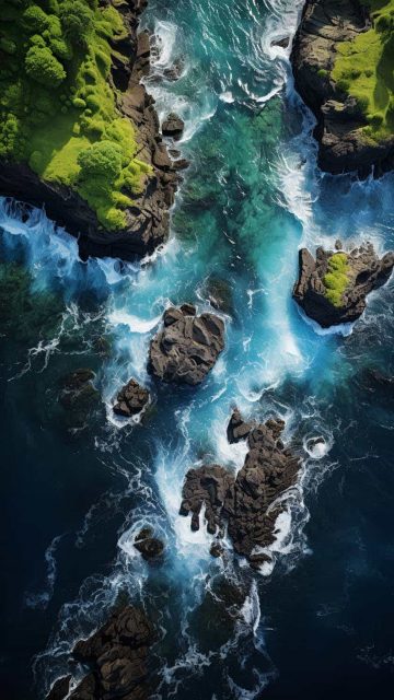 Ocean Shore Rocks Aerial View iPhone Wallpaper 4K