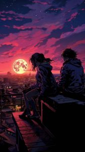 Roofscape Harmony two friends absorb the blood moon aura iPhone Wallpaper 4K