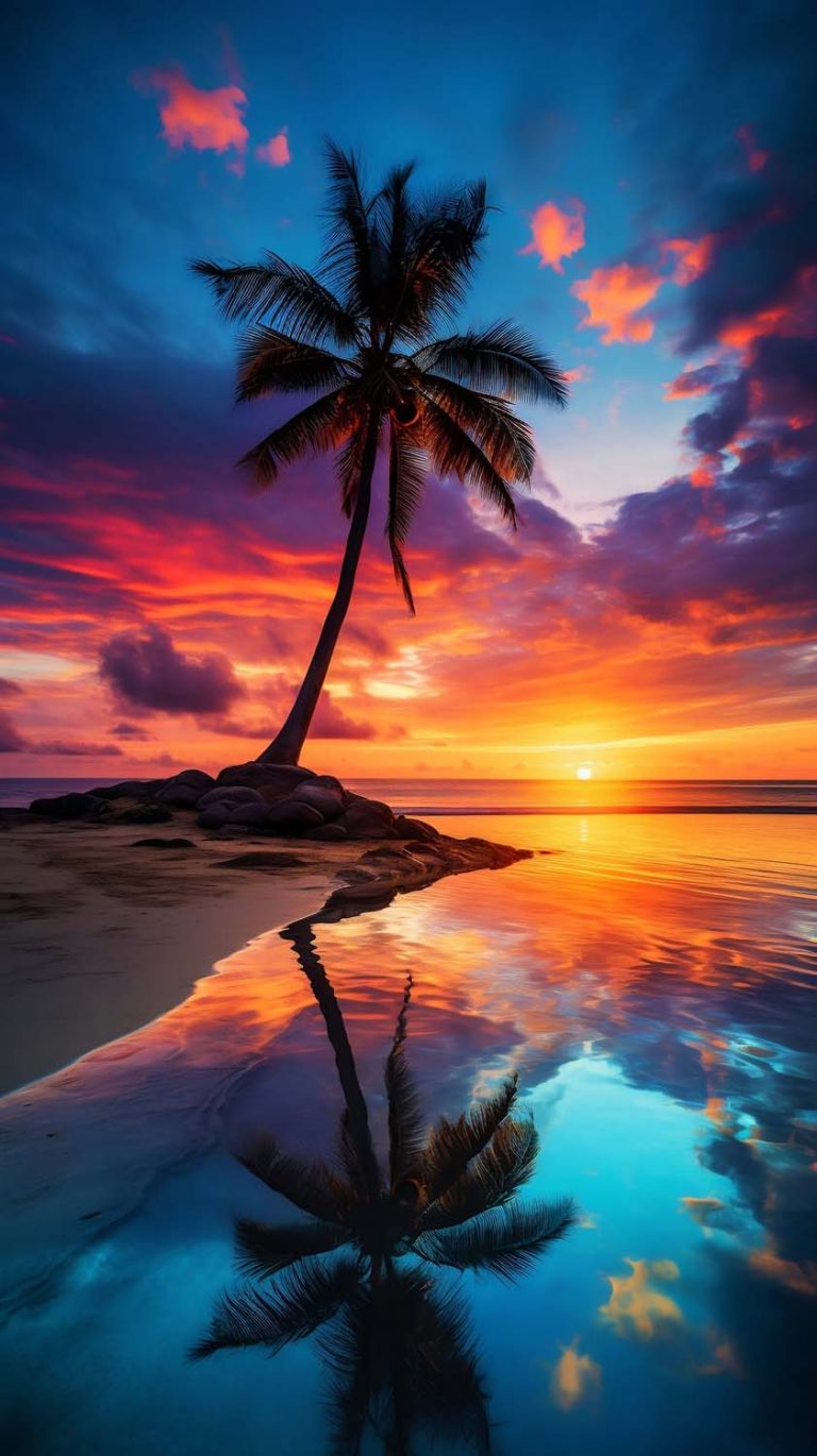 Sunset Beach Palm Tree Water Reflection iPhone Wallpaper 4K - iPhone