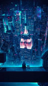 Hoodie boy sitting with cat watching over scifi city iPhone Wallpaper 4K