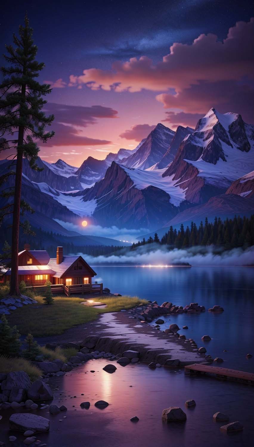 Mountains Lake House iPhone Wallpaper 4K