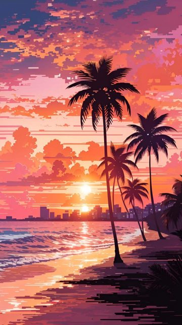Pixel Art Sunset Palm Trees iPhone Wallpaper 4K