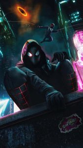 Spider man in cyber city iPhone Wallpaper 4K