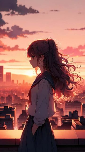 Anime school girl lost in thoughts iPhone Wallpaper 4K