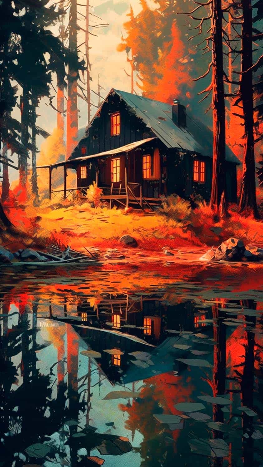 House Reflection Forest Water iPhone Wallpaper 4K