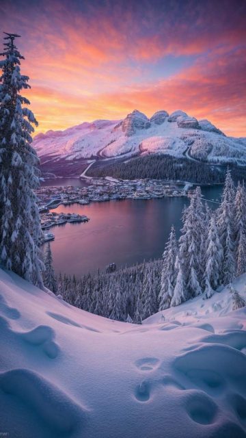 Snow Lake Town iPhone Wallpaper 4K