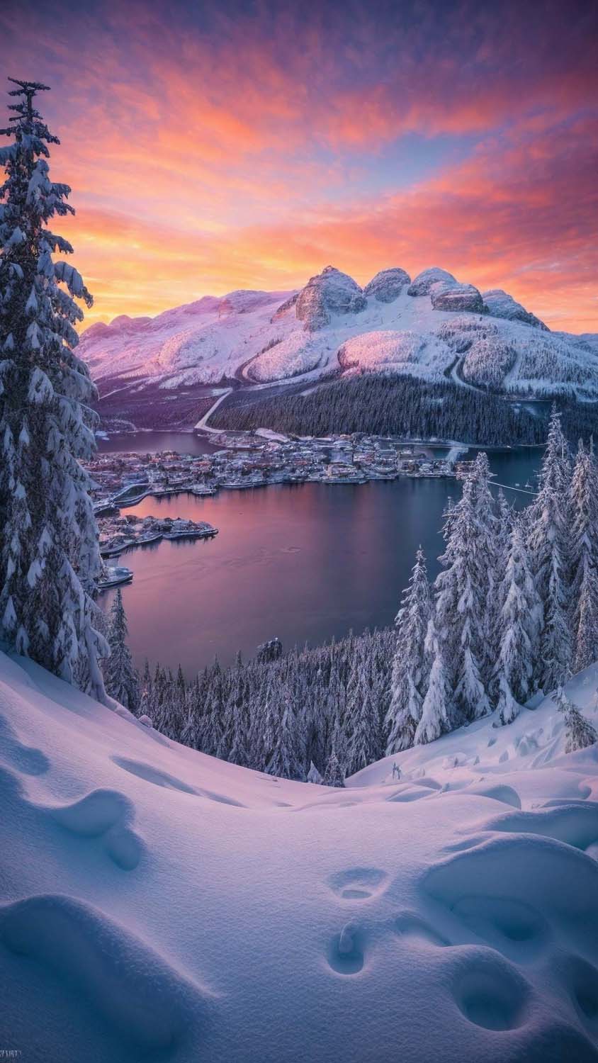 Snow Lake Town iPhone Wallpaper 4K