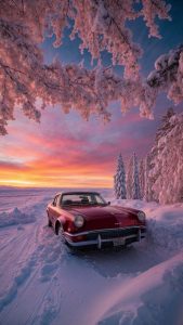 Vintage Car in Winter iPhone Wallpaper