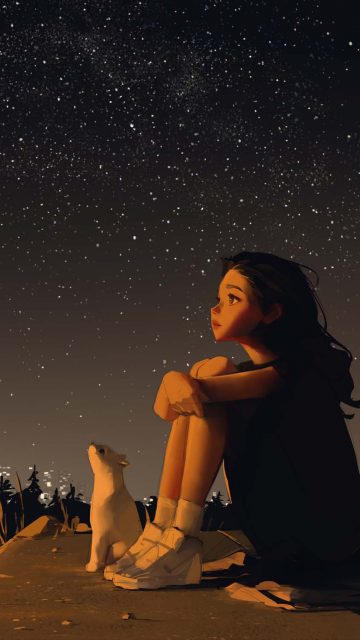 Watching Stars with Cat iPhone Wallpaper 4K