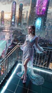 A classical girl in a neon fantasy scifi world