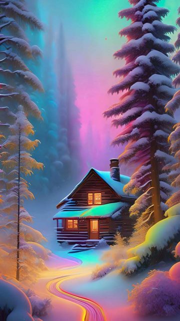 Cabin in Snow Forest iPhone Wallpaper
