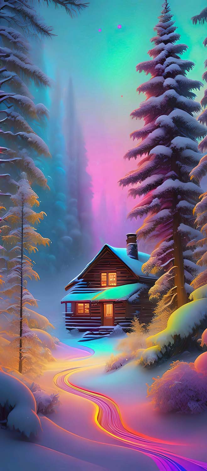 Cabin in Snow Forest iPhone Wallpaper
