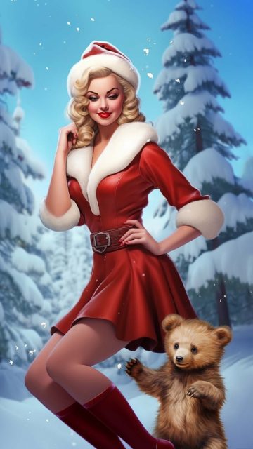 Christmas Girl with Bear iPhone Wallpaper