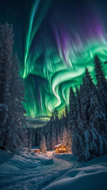Frozen Road Sky Aurora Lights Winter iPhone Wallpaper