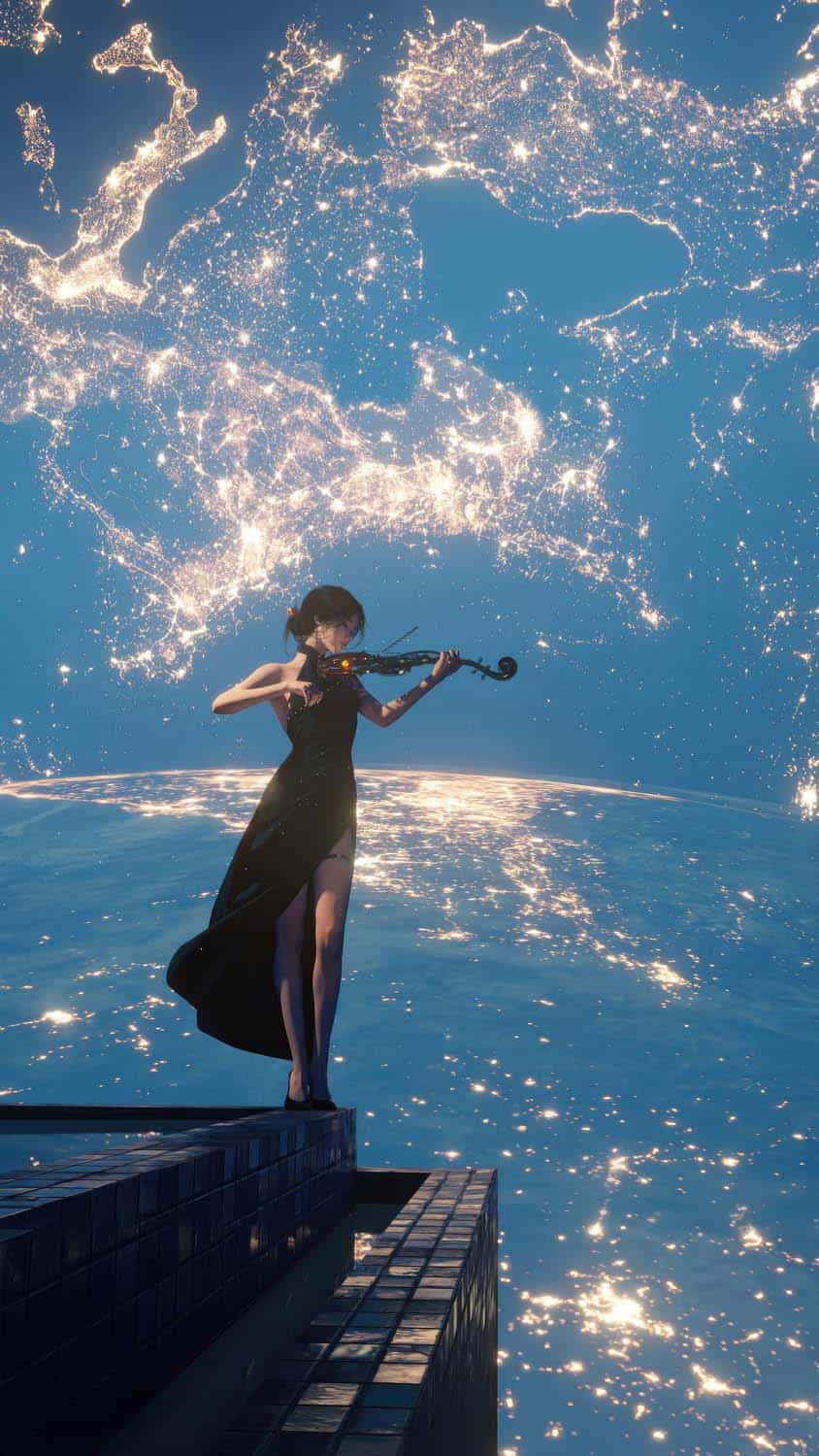 Girl playing violin in space