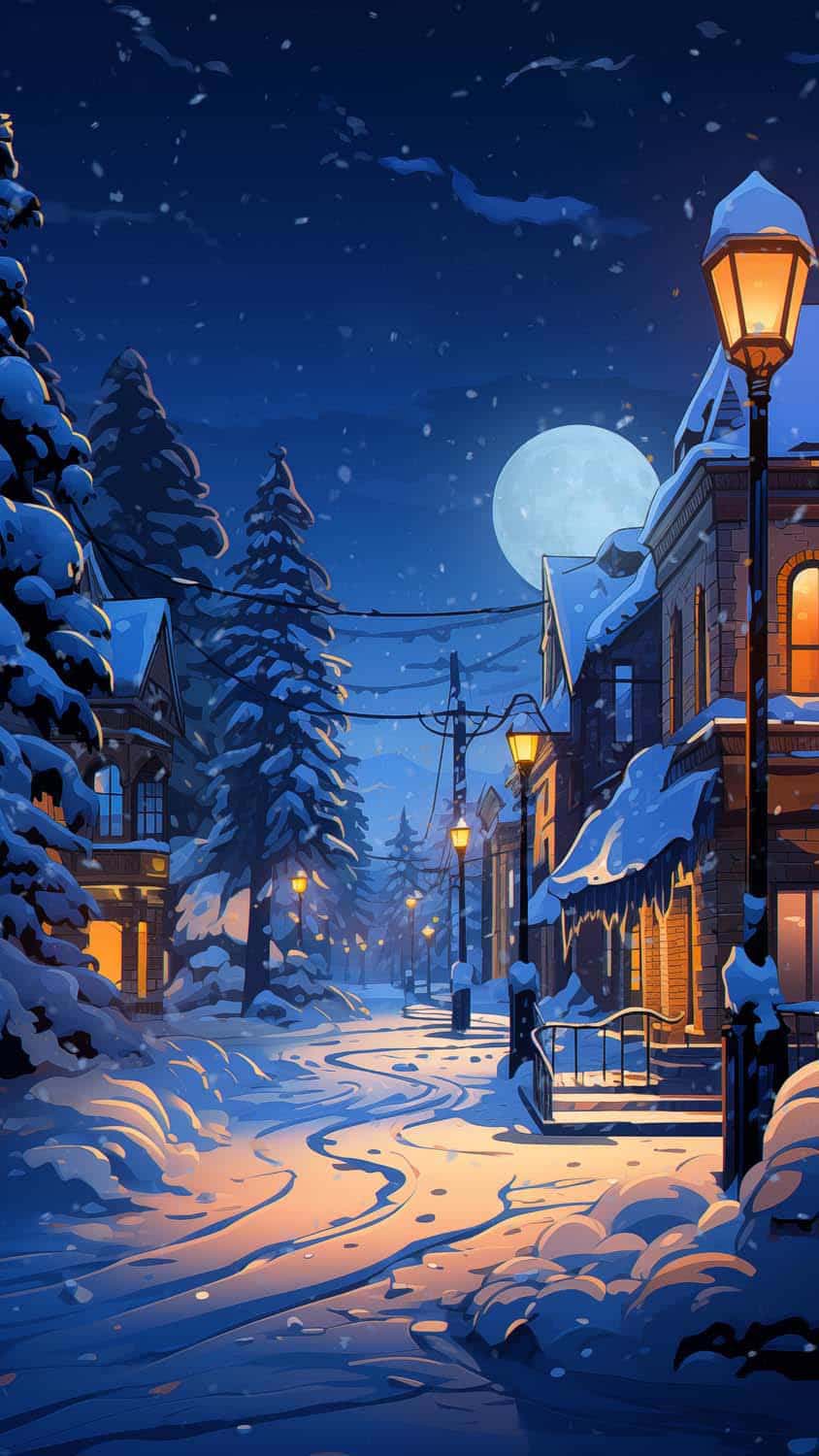 Snowfall Street Evening Moon