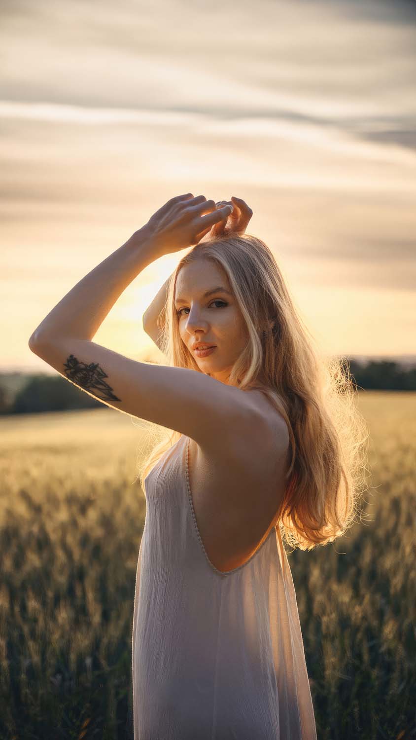 White dress charming girl in sun drenched fields