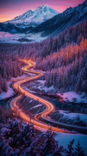 Winter Mountain Road Long Exposure Lights iPhone Wallpaper