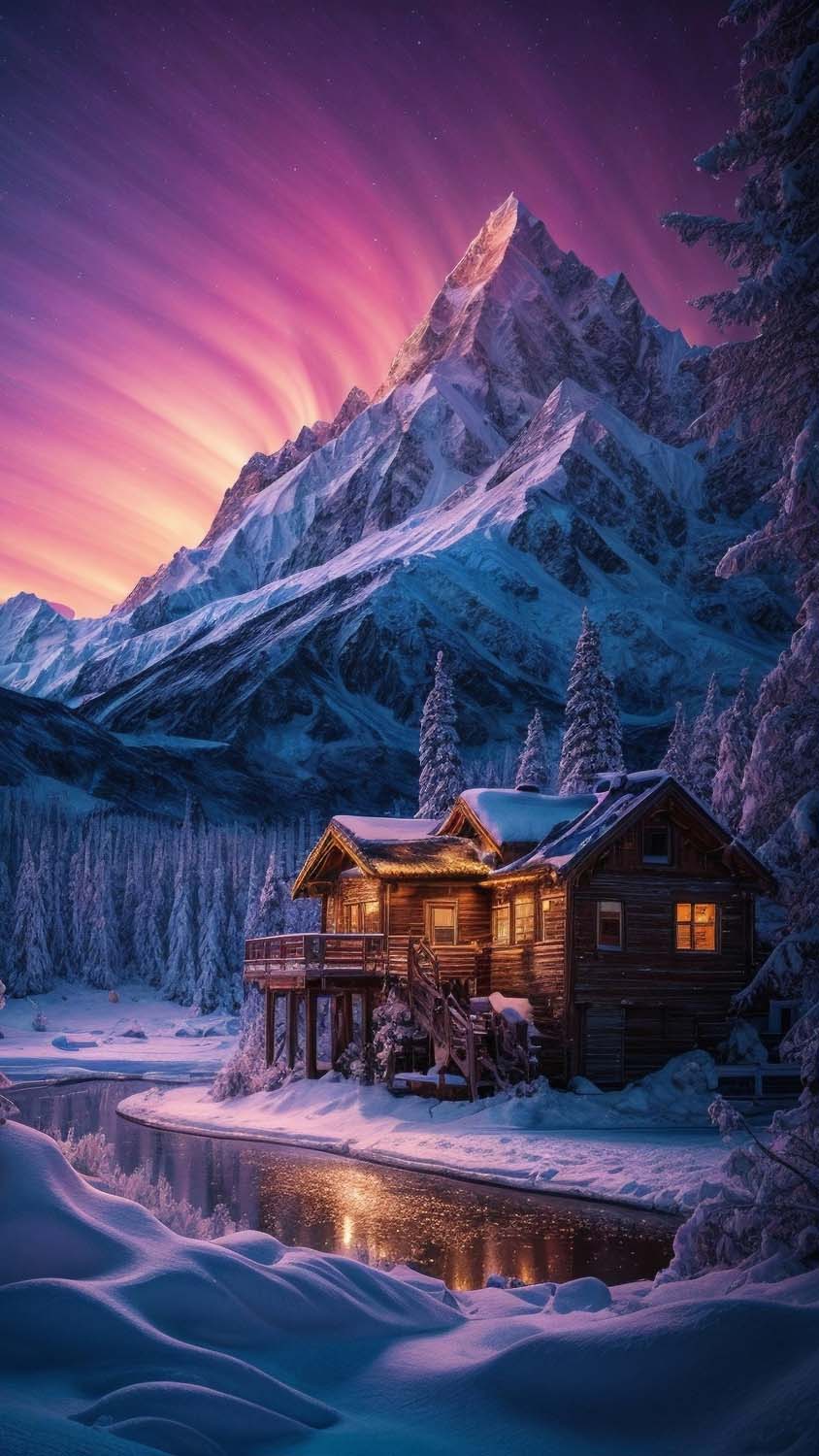 Wooden House in Winter iPhone Wallpaper