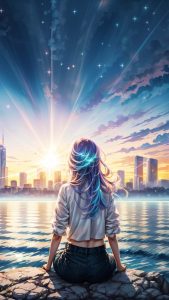 Anime girl sitting on rock looking at the urban city iPhone Wallpaper