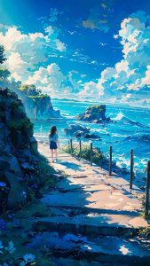 Cloudy Beach Anime iPhone Wallpaper