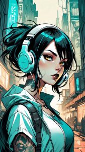 Headphones Girl Cyber Art iPhone Wallpaper