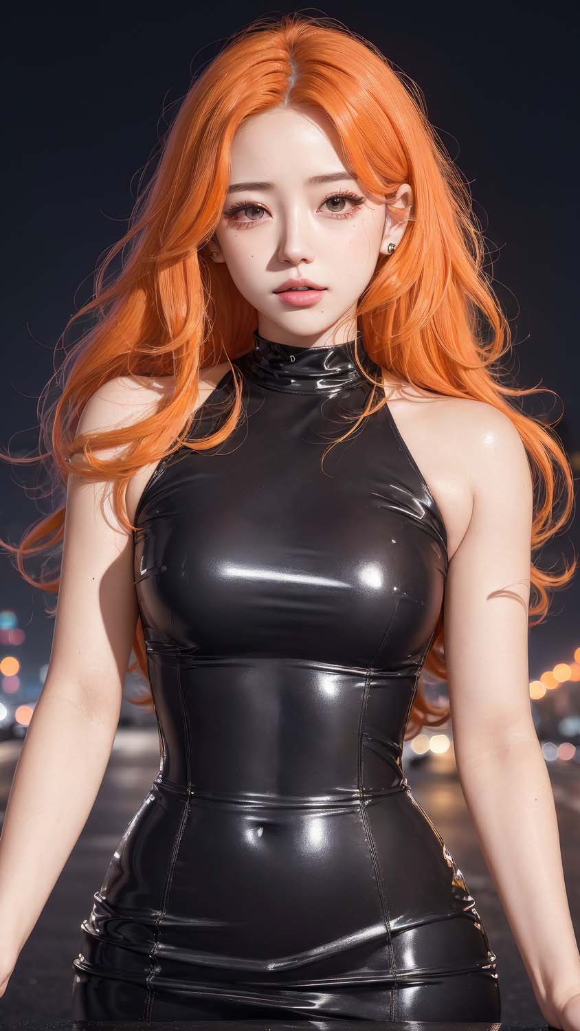 Orange hair black latex clothing girl iPhone Wallpaper