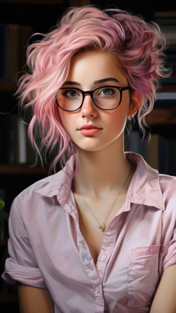 Pink haired girl with glasses at home office iPhone Wallpaper