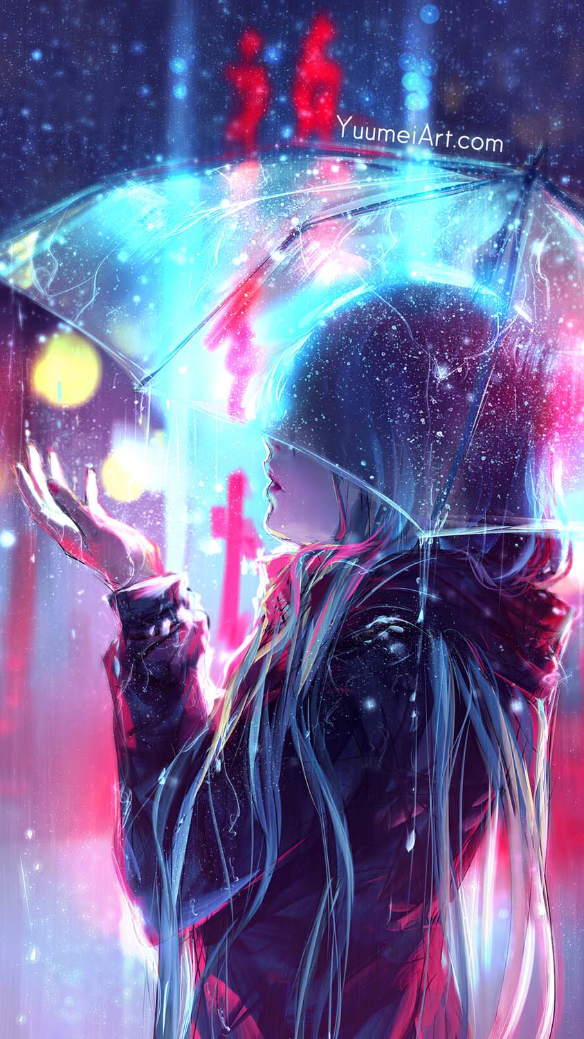 Raining anime girl blur lights iPhone Wallpaper