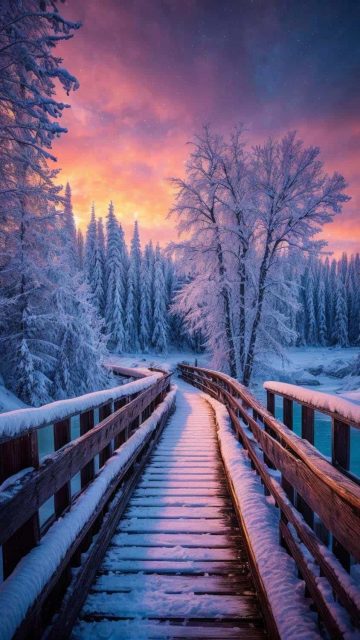 Wooden Bridge Snow River iPhone Wallpaper
