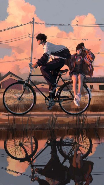 Couple on Bicycle Anime iPhone Wallpaper