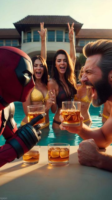 Deadpool and Wolverine Pool Party Celebration iPad Wallpaper HD