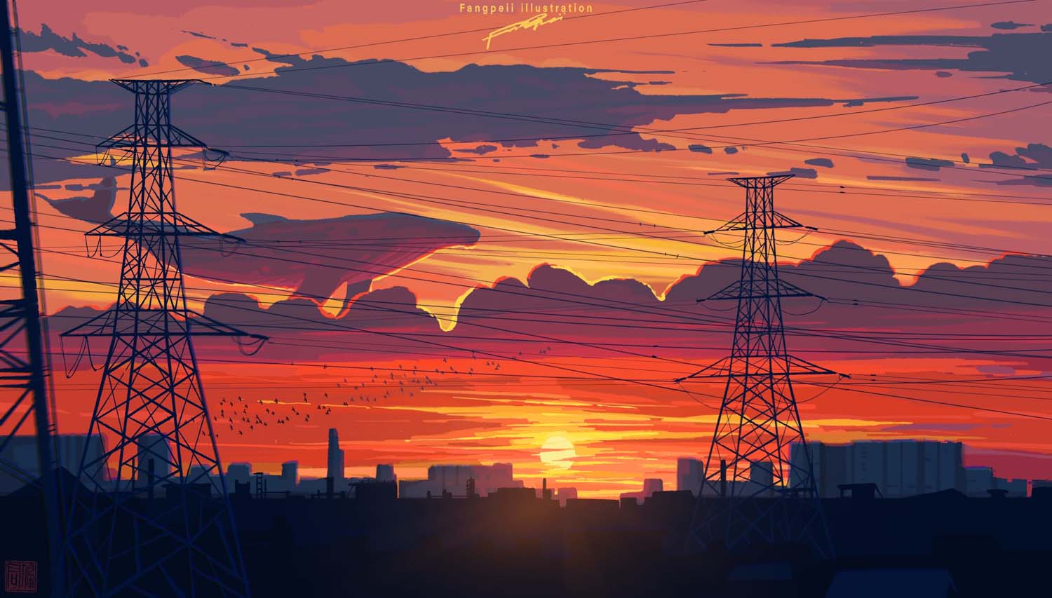 Fangpeii digital art artwork illustration sunset clouds sky Sun city cityscape building macbook wallpaper