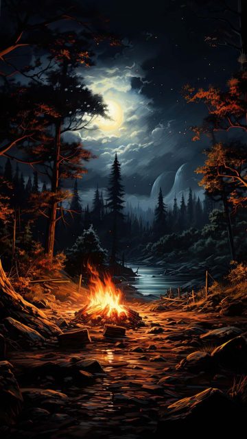Forest Night Camp Fire iPhone Wallpaper