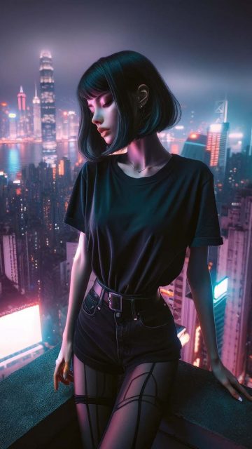 Neon short hair asian girl iPhone Wallpaper