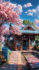 Cherry Tree Aesthetic House iPhone Wallpaper HD