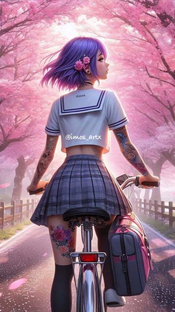 Girl and Cherry Blossom Trees iPhone Wallpaper HD