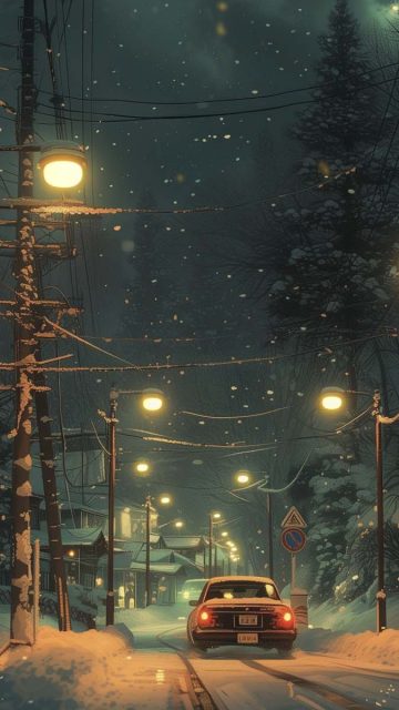 Snow Road Lofi Nights iPhone Wallpaper HD